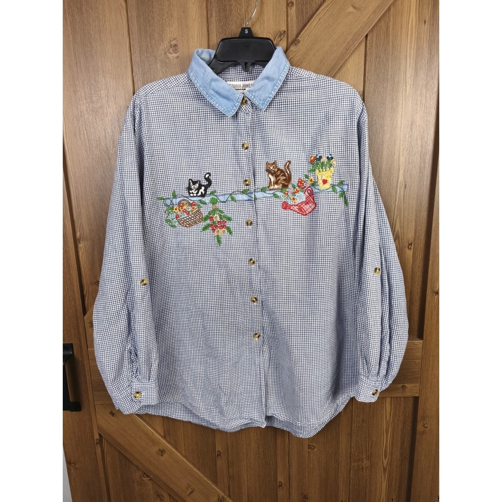 Victoria Jones Embroidered Cat Garden Button Shirt Denim Collar XL